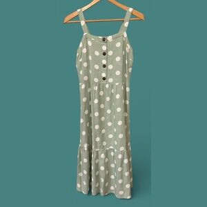 Sage Green White Polka Dot Monteau Los‎ Angeles Sleeveless Summer Dress Size M